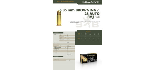 BOITE DE 50 CARTOUCHES SELLIER BELLOT CAL. 25ACP / 6.35BROWNING FMJ 50GRS - CATEGORIE B
