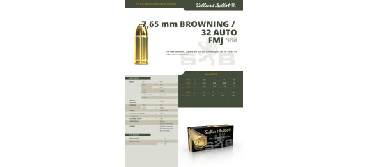 BOITE DE 50 CARTOUCHES SELLIER BELLOT CAL. 32ACP / 7.65BROWNING FMJ 73GRS - CATEGORIE B