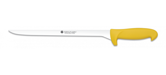 Couteau à jambon manche polymere jaune et lame spéciale jambon de 29cm fine.