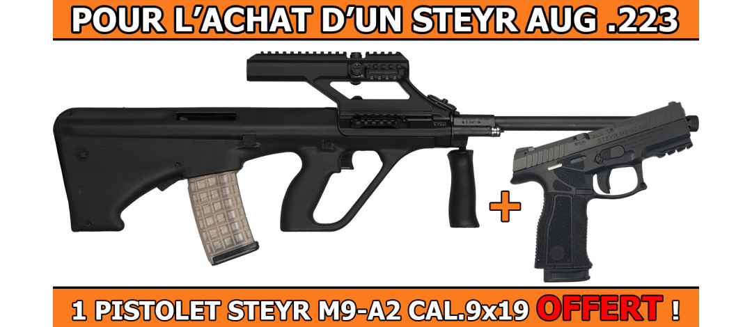 OFFRE STEYR - PACK PROMO STEYR AUG A3 CAL.223R AVEC LUNETTE STEYR x1.5 + 1 PISTOLET STEYR M9-A2 CAL.9x19 OFFERT !