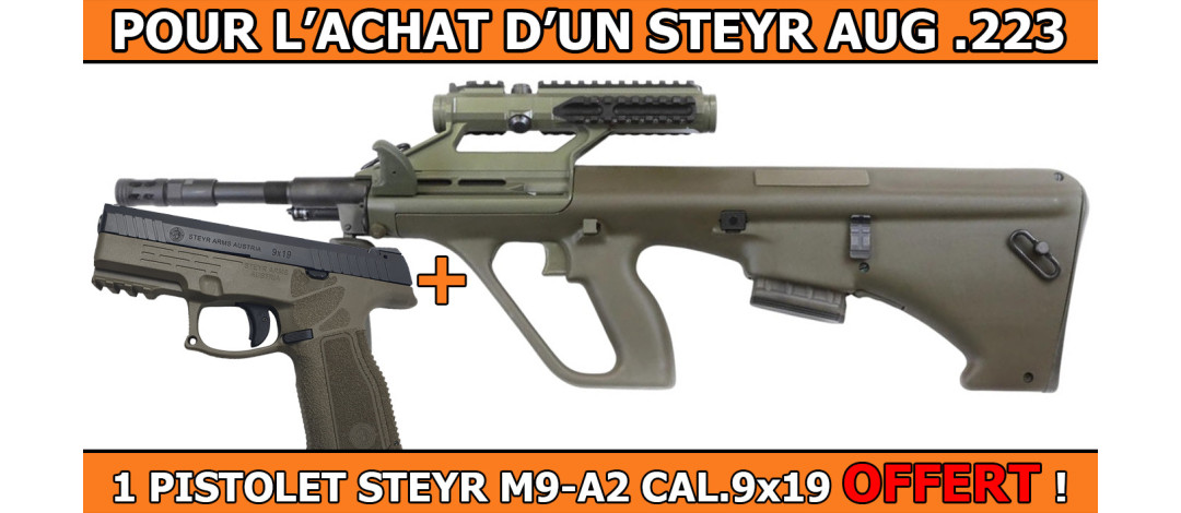 OFFRE STEYR - PACK PROMO STEYR AUG A3 Z QCB/SR 3X optik JAGDKOMMANDO .223R + 1 PISTOLET STEYR M9-A2 OLIVE CAL.9x19 OFFERT !
